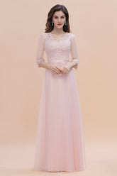 Elegant V-neck Half Sleeves Lace Pink Bridesmaid Dress On Sale-Babyonlines