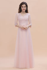Elegant V-neck Half Sleeves Lace Pink Bridesmaid Dress On Sale-Babyonlines