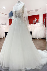 Elegant V-Neck Long A-Line Wedding Dress with Open Back and Tulle Lace