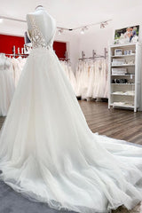 Elegant V-Neck Long A-Line Wedding Dress with Open Back and Tulle Lace