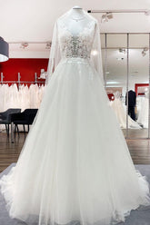 Elegant V-Neck Long A-Line Wedding Dress with Open Back and Tulle Lace