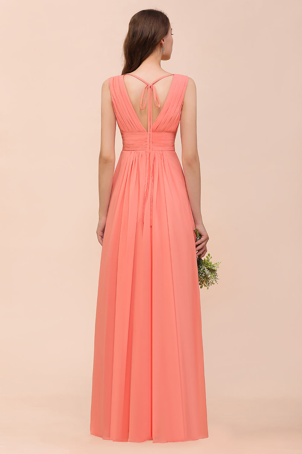 Elegant V-Neck Ruffle Coral Chiffon Affordable Bridesmaid Dresses Online-Babyonlines