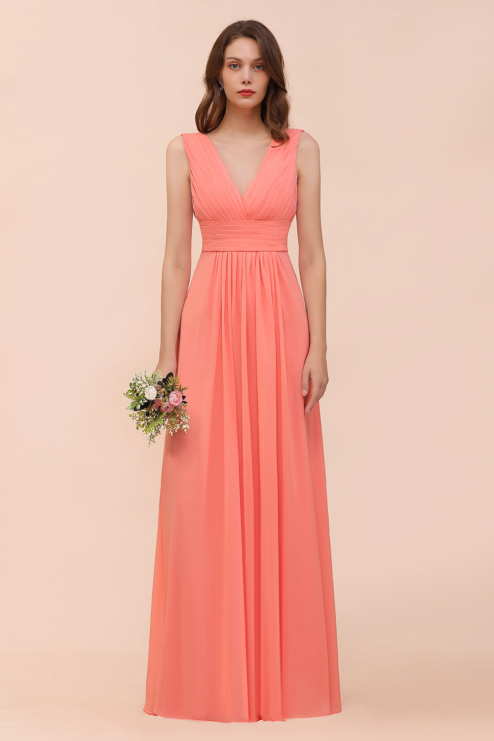 Elegant V-Neck Ruffle Coral Chiffon Affordable Bridesmaid Dresses Online-Babyonlines