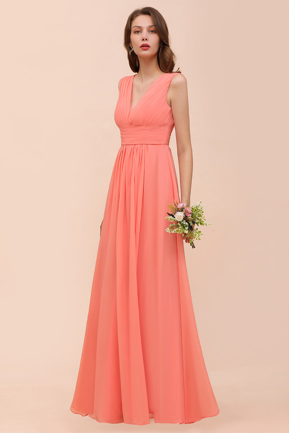 Elegant V-Neck Ruffle Coral Chiffon Affordable Bridesmaid Dresses Online-Babyonlines