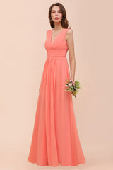 Elegant V-Neck Ruffle Coral Chiffon Affordable Bridesmaid Dresses Online-Babyonlines