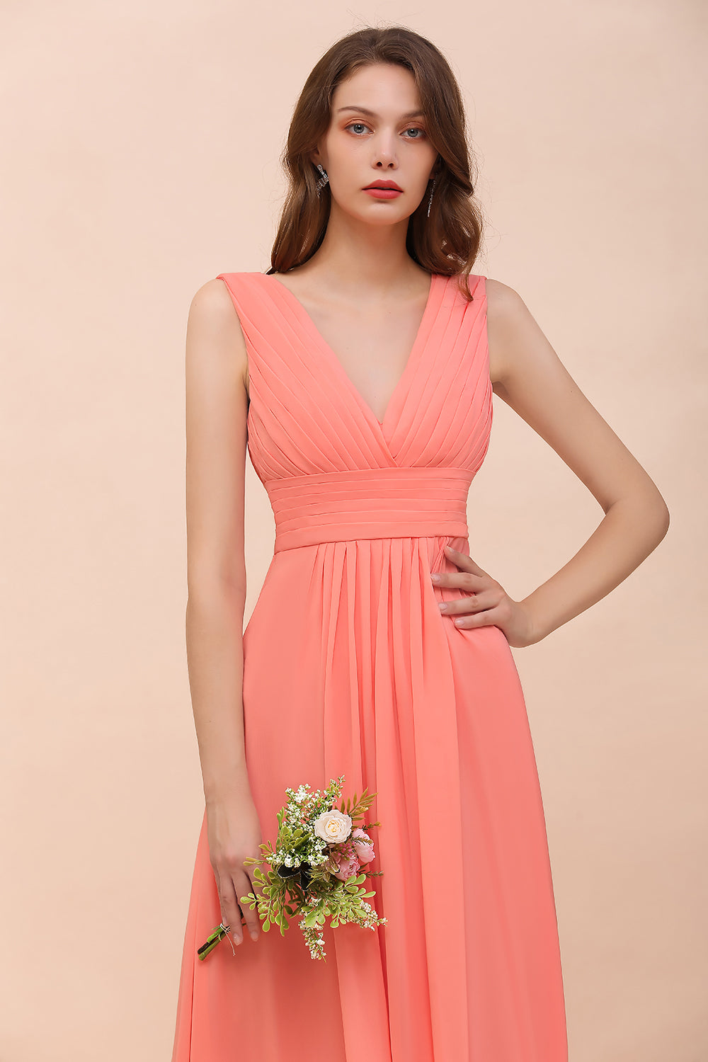 Elegant V-Neck Ruffle Coral Chiffon Affordable Bridesmaid Dresses Online-Babyonlines