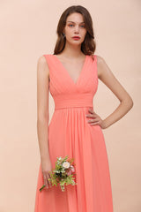 Elegant V-Neck Ruffle Coral Chiffon Affordable Bridesmaid Dresses Online-Babyonlines