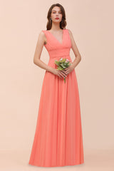 Elegant V-Neck Ruffle Coral Chiffon Affordable Bridesmaid Dresses Online-Babyonlines