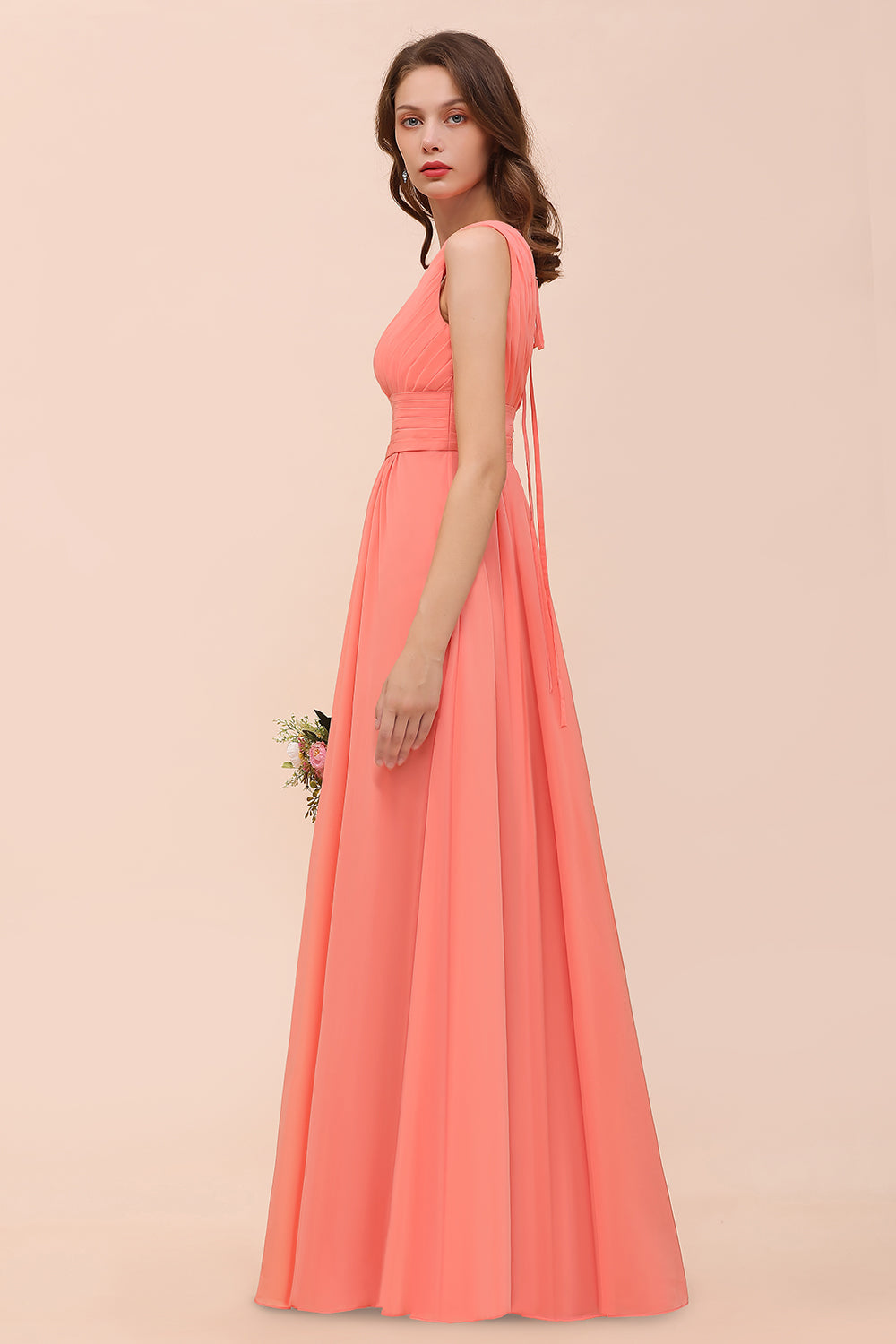 Elegant V-Neck Ruffle Coral Chiffon Affordable Bridesmaid Dresses Online-Babyonlines
