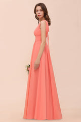 Elegant V-Neck Ruffle Coral Chiffon Affordable Bridesmaid Dresses Online-Babyonlines