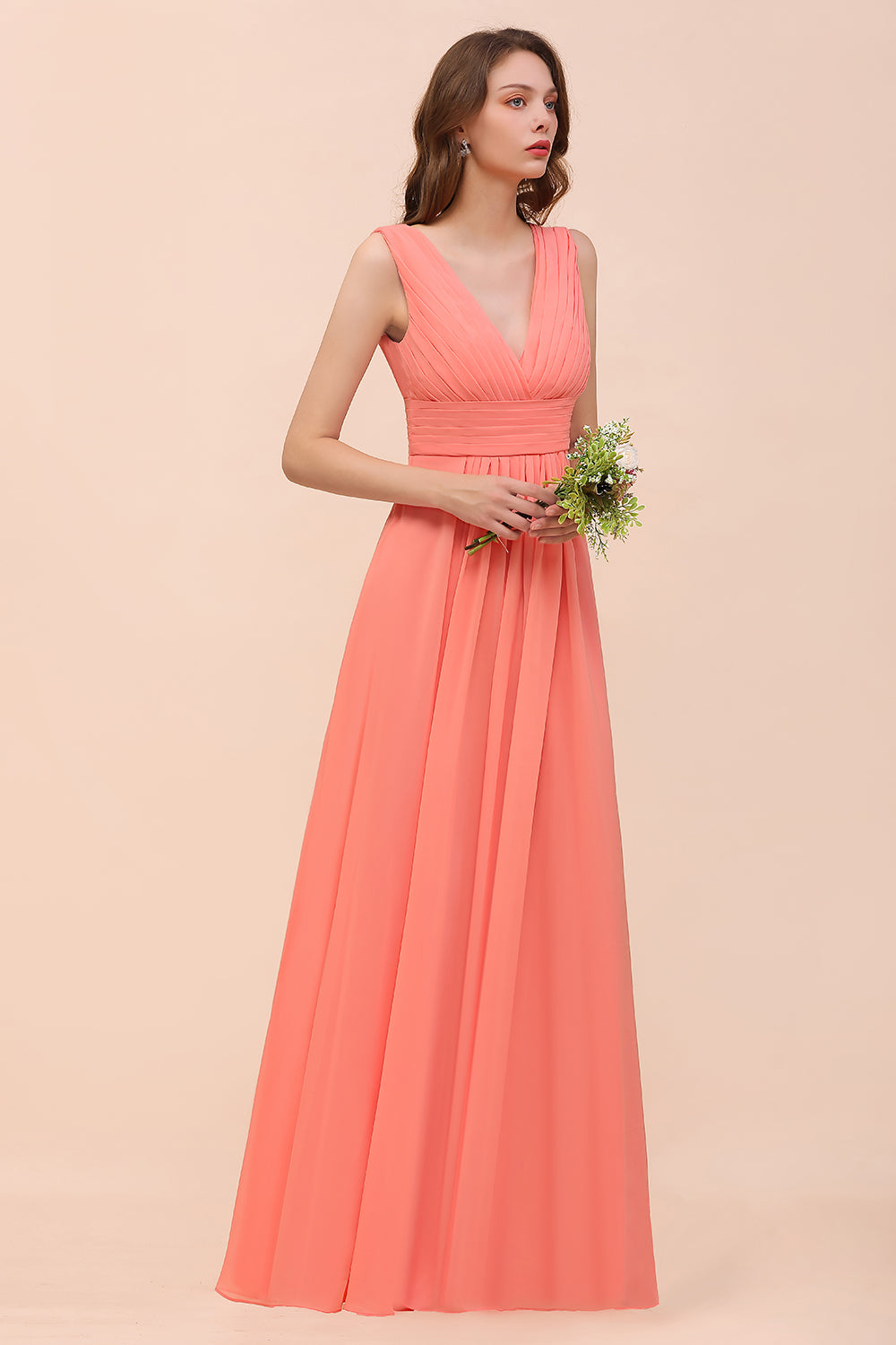 Elegant V-Neck Ruffle Coral Chiffon Affordable Bridesmaid Dresses Online-Babyonlines