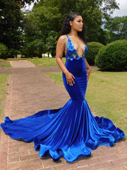 Elegant Blue V Neck Spaghetti Strap Mermaid Long Prom Dress