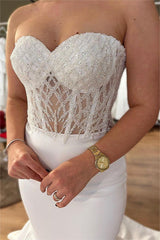 Elegant White Strapless Mermaid Long Prom Dress with Beading