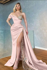 Elegant Yellow One Shoulder Satin Long Prom Dress with Beading and Split