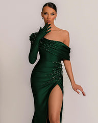 Emerald Green Evening Dress One Shoulder with Pearl Split