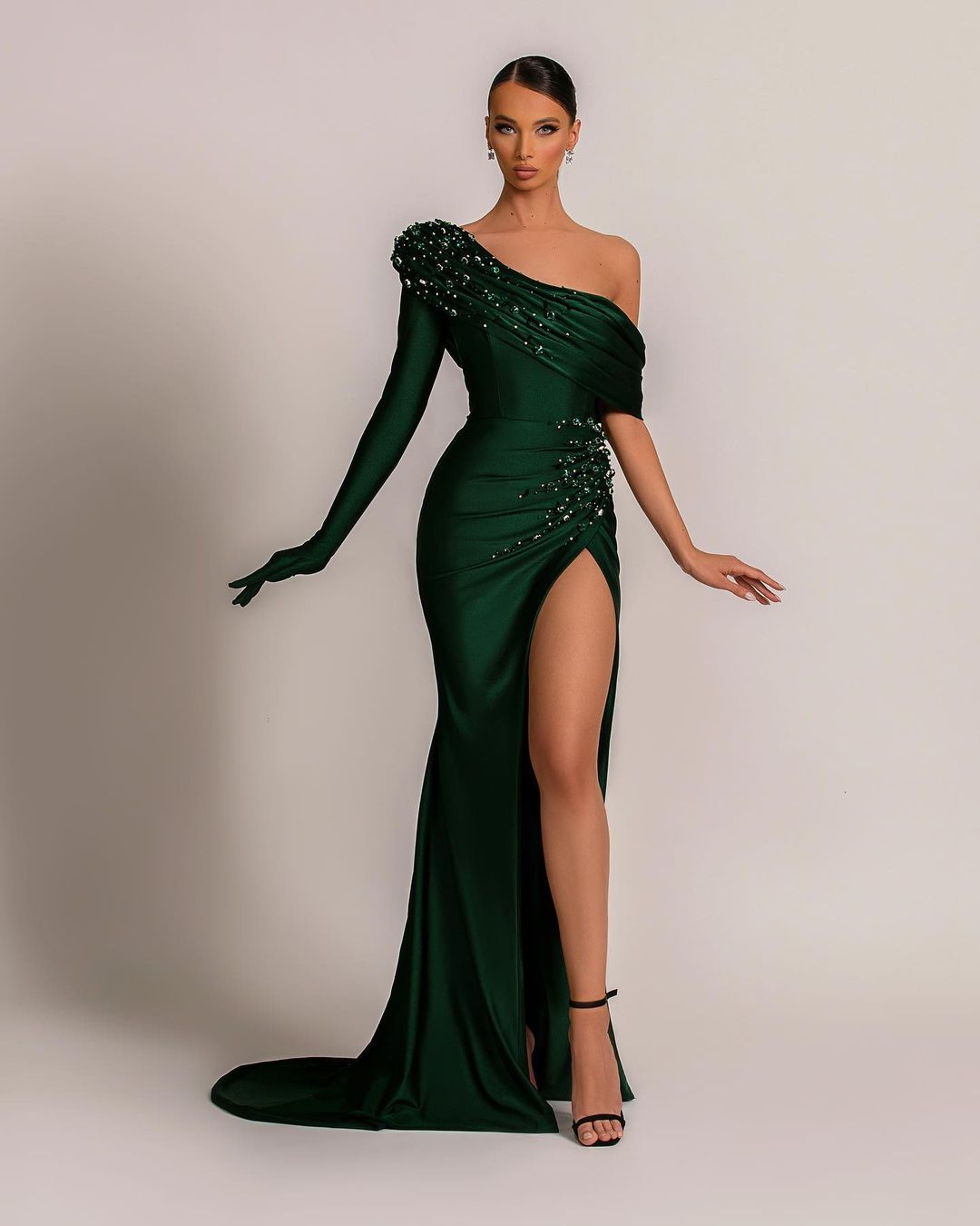 Emerald Green Evening Dress One Shoulder with Pearl Split