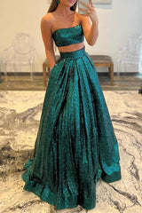 Emerald Green Sequins Two Piece Prom Dress with Pockets