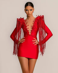 Evening Dress Short Red V-Neck Tassel Sexy Long Sleeves