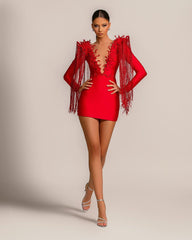 Evening Dress Short Red V-Neck Tassel Sexy Long Sleeves