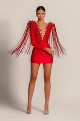 Evening Dress Short Red V-Neck Tassel Sexy Long Sleeves