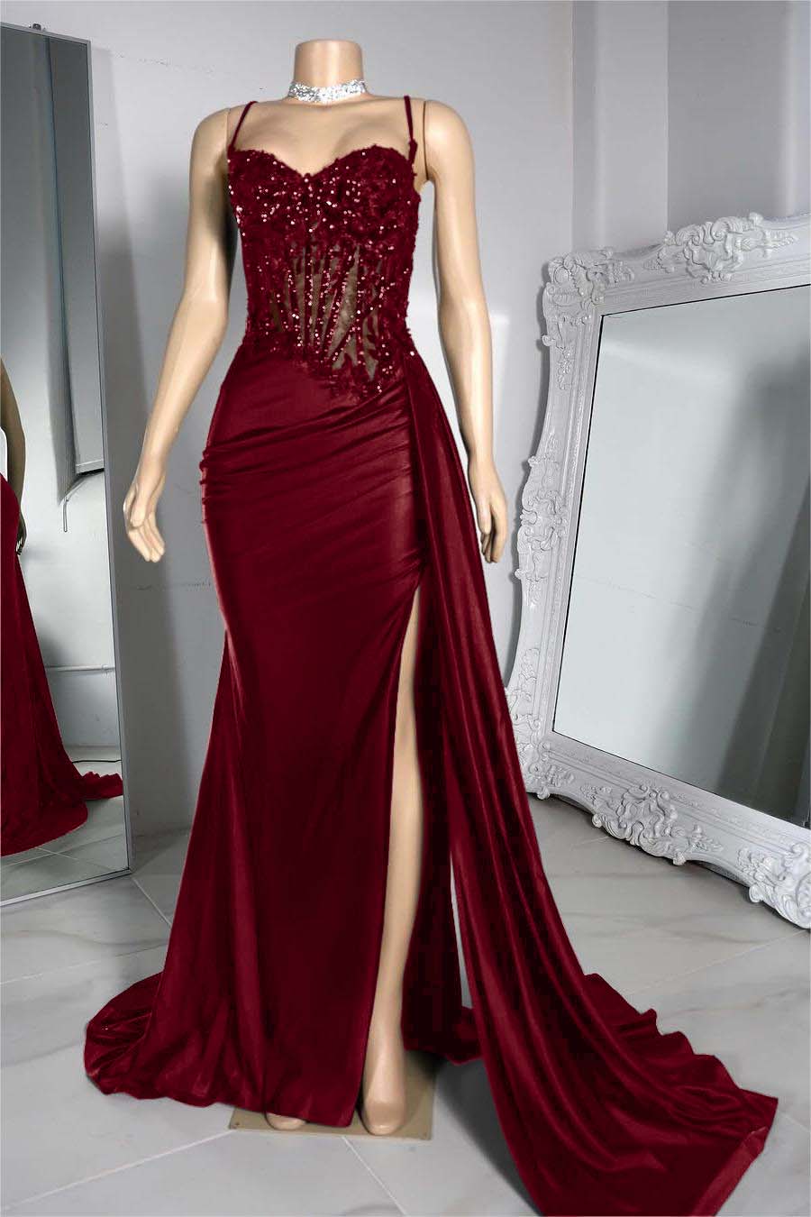 Exquisite Spaghetti Strap Pleated Long Prom Dress with Beading Split