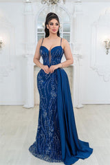 Exquisite Royal Blue Spaghetti Strap Mermaid Prom Dress with Embroidery