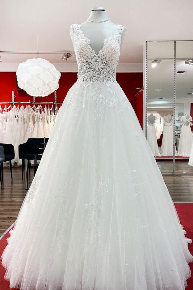 Eye-catching Long A-line Wedding Dresses With White Ruffles Tulle Lace