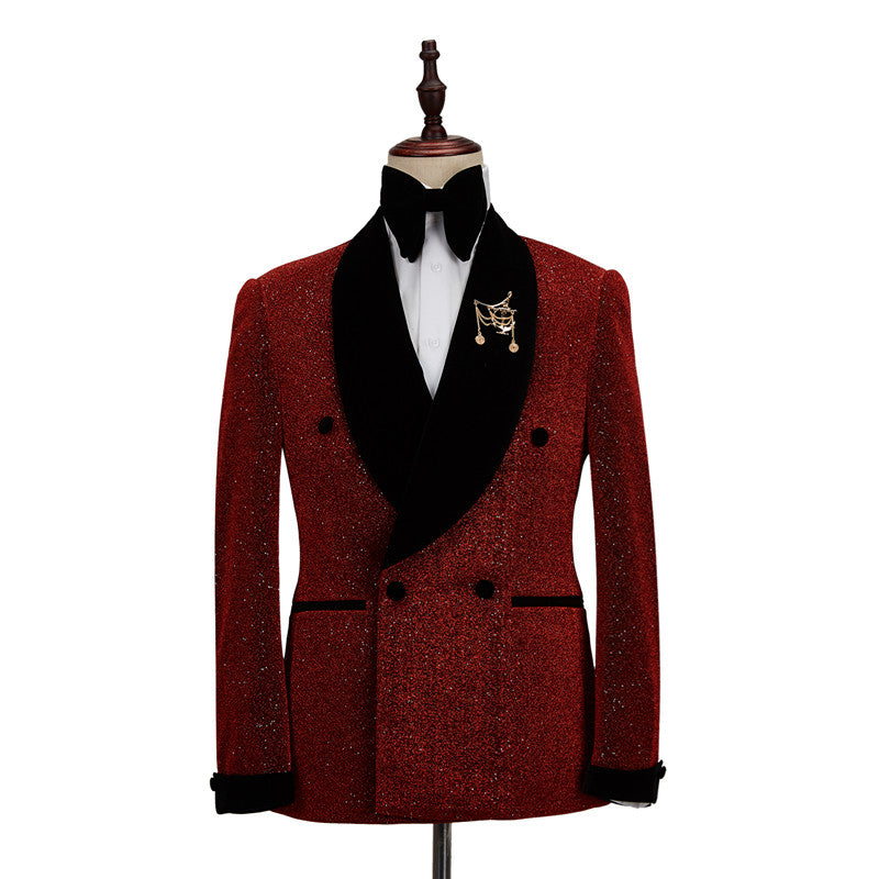 Fabulous Red Double-Breasted Wedding Suit with Black Shawl Lapel