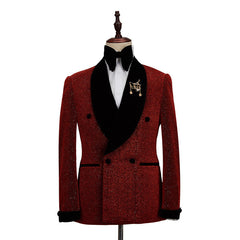 Fabulous Red Double-Breasted Wedding Suit with Black Shawl Lapel