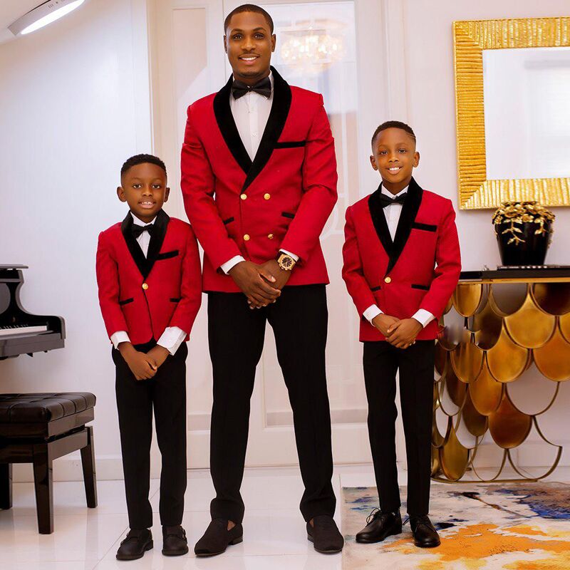 Fancy Red Double-Breasted Wedding Suit with Black Lapel