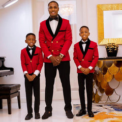 Fancy Red Double-Breasted Wedding Suit with Black Lapel