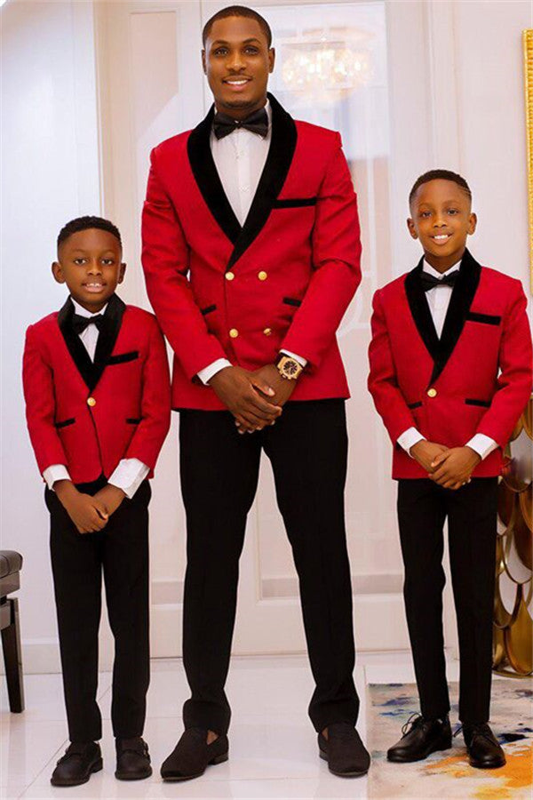 Fancy Red Double-Breasted Wedding Suit with Black Lapel