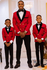 Fancy Red Double-Breasted Wedding Suit with Black Lapel