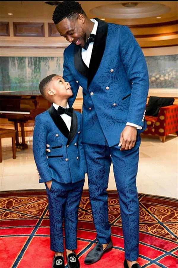 Fantastic Ocean Blue Jacquard Double-Breasted Wedding Suit with Black Lapel