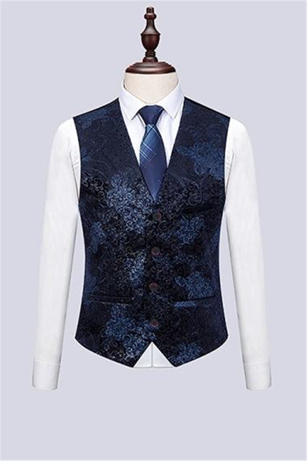 Fashion Dark Navy Lapel Men's Dinner Formal Three-Piece Business Prom Tuxedos