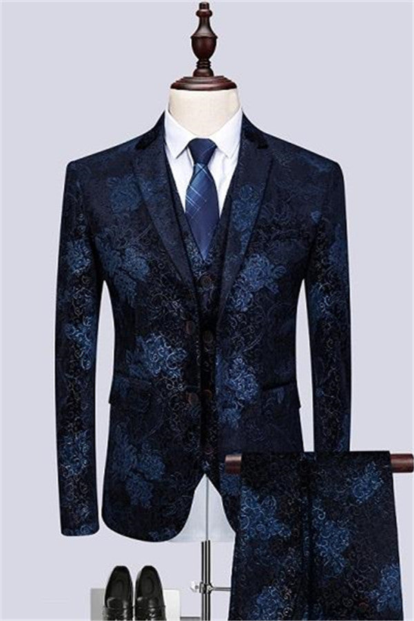 Fashion Dark Navy Lapel Men's Dinner Formal Three-Piece Business Prom Tuxedos