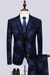 Fashion Dark Navy Lapel Men's Dinner Formal Three-Piece Business Prom Tuxedos