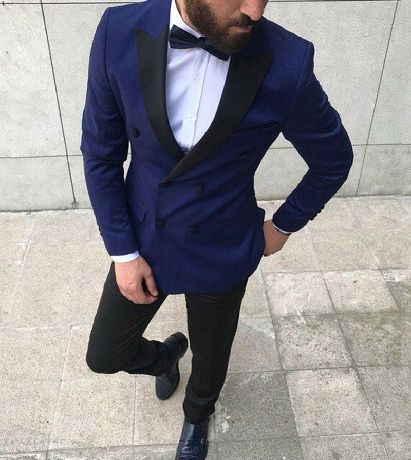 Fashion Double Breasted Peaked Lapel Prom Suits, Navy Blue for Guys