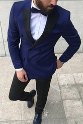 Fashion Double Breasted Peaked Lapel Prom Suits, Navy Blue for Guys