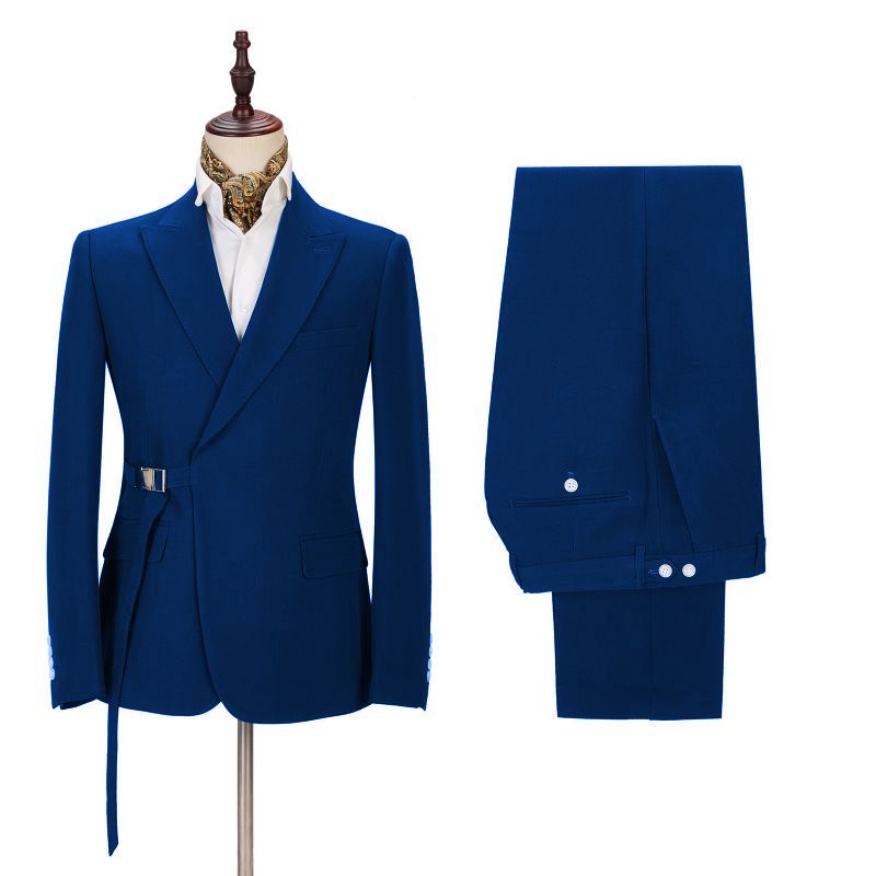 Fashion Royal Blue Tuxedo Suit with Buckle Button for Wedding with Peak Lapel