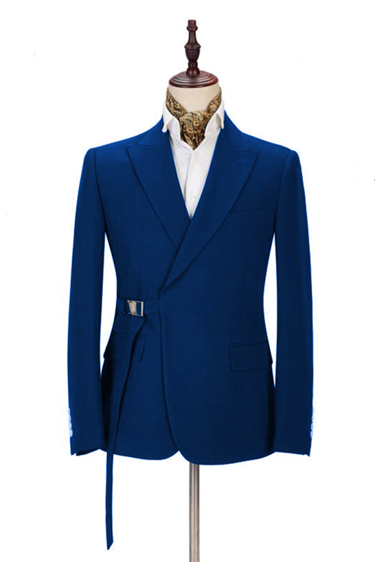 Fashion Royal Blue Tuxedo Suit with Buckle Button for Wedding with Peak Lapel