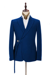 Fashion Royal Blue Tuxedo Suit with Buckle Button for Wedding with Peak Lapel