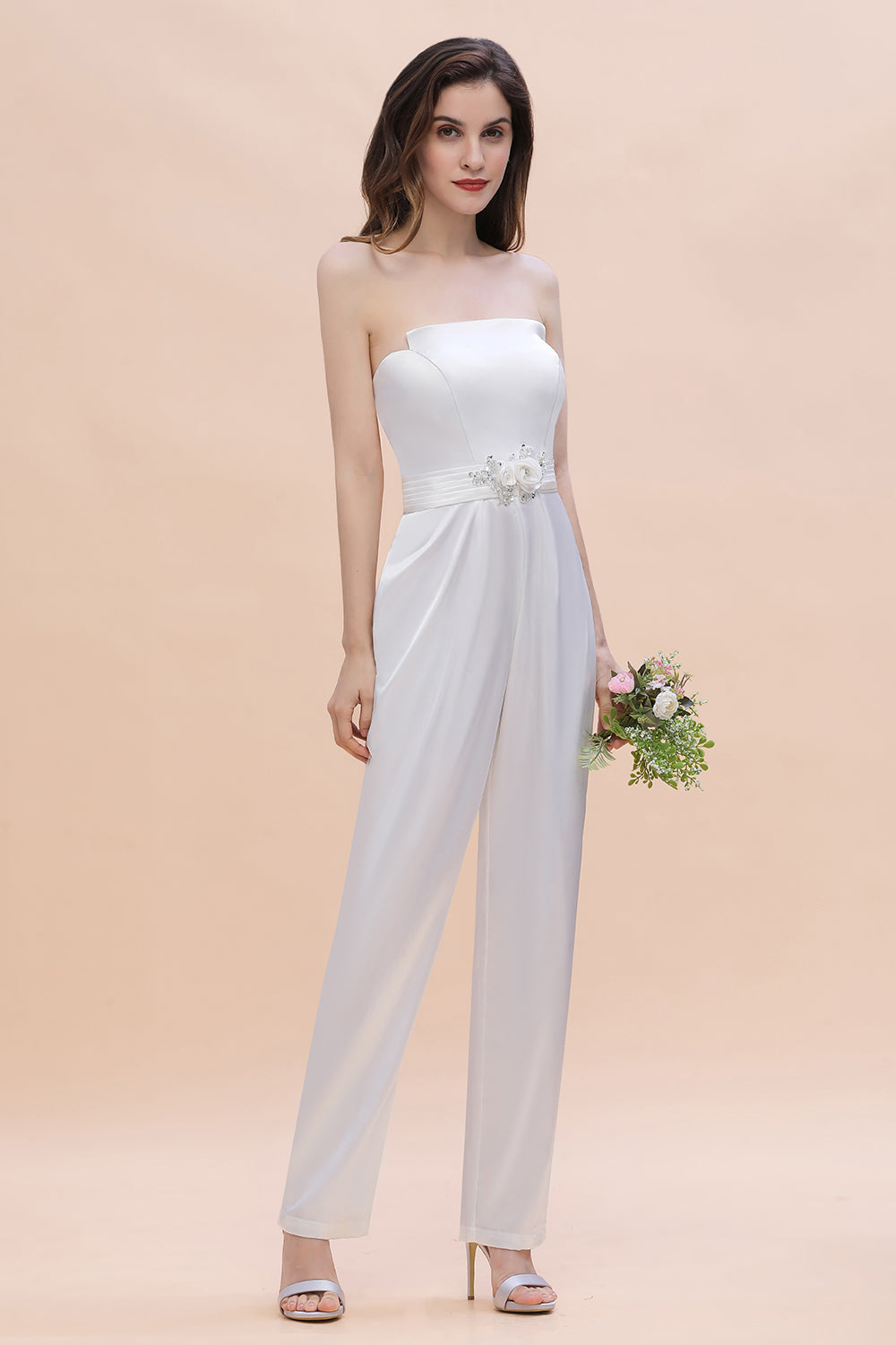 Fashion Strapless Satin Sleeveless Bridesmaid Jumpsuit with Beading Flowers On Sale-Babyonlines