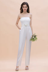 Fashion Strapless Satin Sleeveless Bridesmaid Jumpsuit with Beading Flowers On Sale-Babyonlines