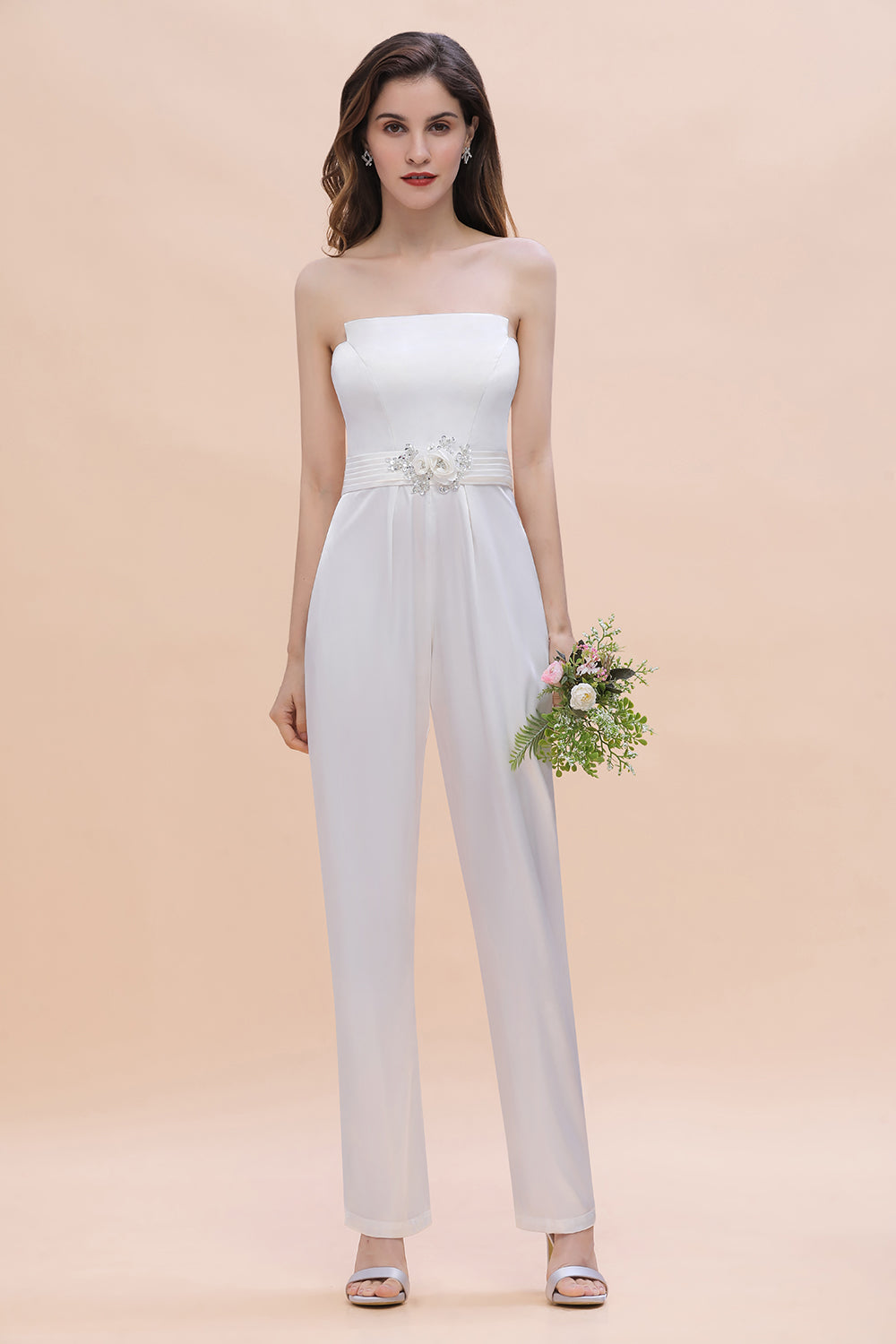 Fashion Strapless Satin Sleeveless Bridesmaid Jumpsuit with Beading Flowers On Sale-Babyonlines