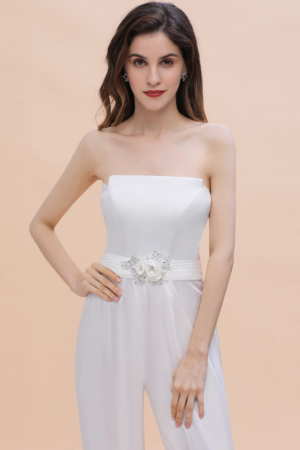 Fashion Strapless Satin Sleeveless Bridesmaid Jumpsuit with Beading Flowers On Sale-Babyonlines