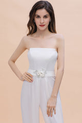 Fashion Strapless Satin Sleeveless Bridesmaid Jumpsuit with Beading Flowers On Sale-Babyonlines
