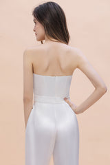 Fashion Strapless Satin Sleeveless Bridesmaid Jumpsuit with Beading Flowers On Sale-Babyonlines