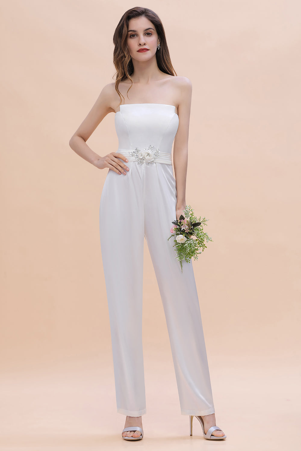 Fashion Strapless Satin Sleeveless Bridesmaid Jumpsuit with Beading Flowers On Sale-Babyonlines