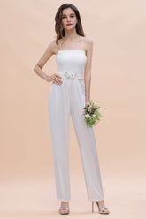 Fashion Strapless Satin Sleeveless Bridesmaid Jumpsuit with Beading Flowers On Sale-Babyonlines